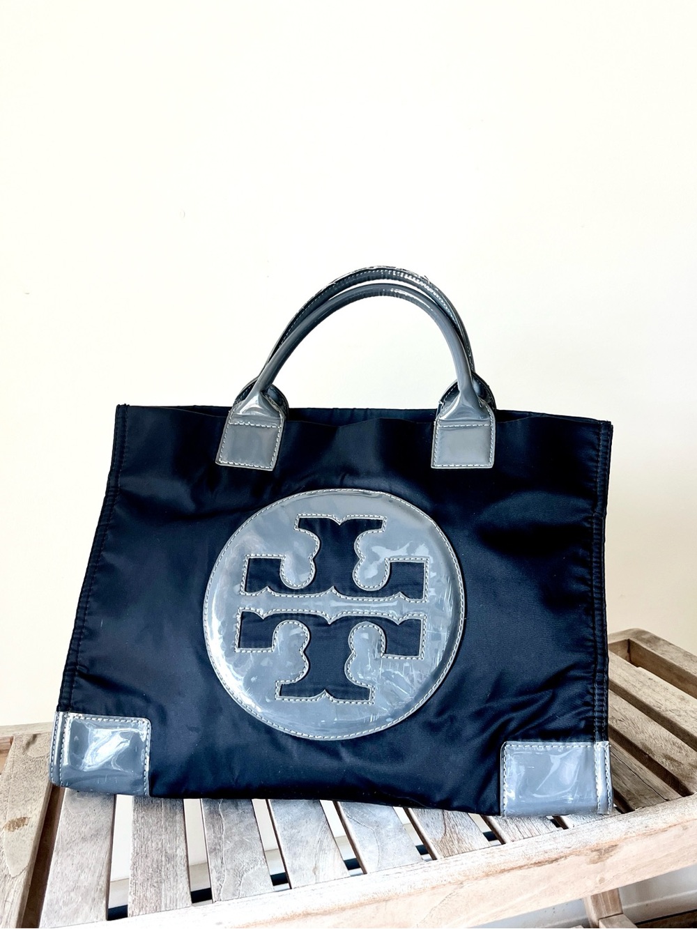 Tory Burch Ella Tote Large Black Nylon Patent Logo Shoulder Bag